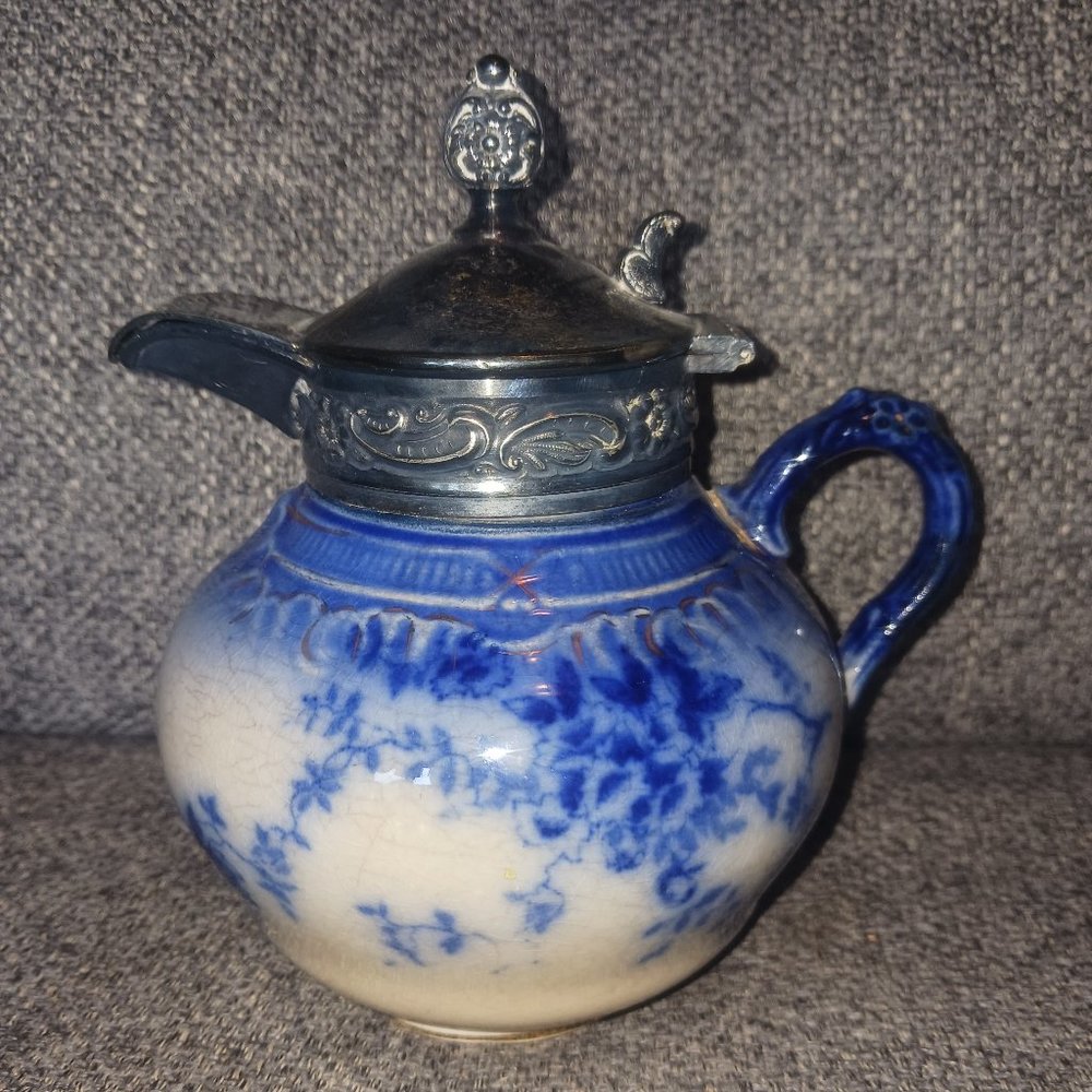 La Belle Flow Blue Syrup Pitcher w/ Ornate Silver Lid and Top